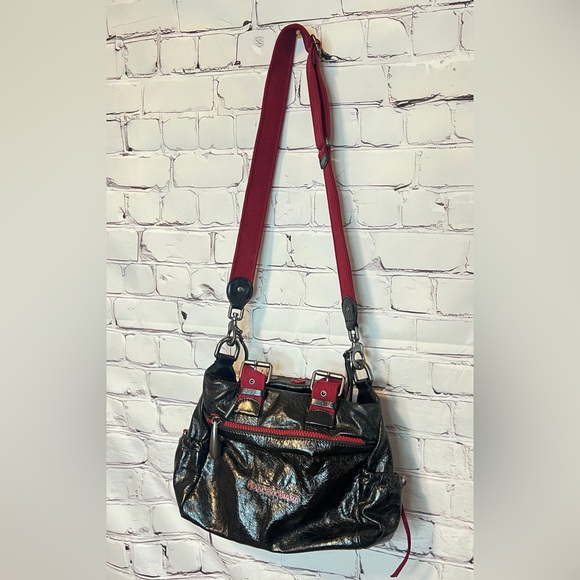 RARE FRANCESCO BIASIA BLACK RED LEATHER SHOULDER MESSENGER BAG - Picture 14 of 14